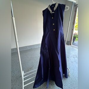 Elegant Navy Blue Maxi Dress with Gold Buttons